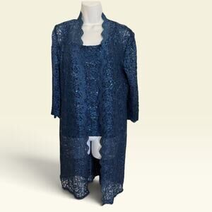 R&M Richards Navy Sequin Lace 2 piece Duster Formal Set 6